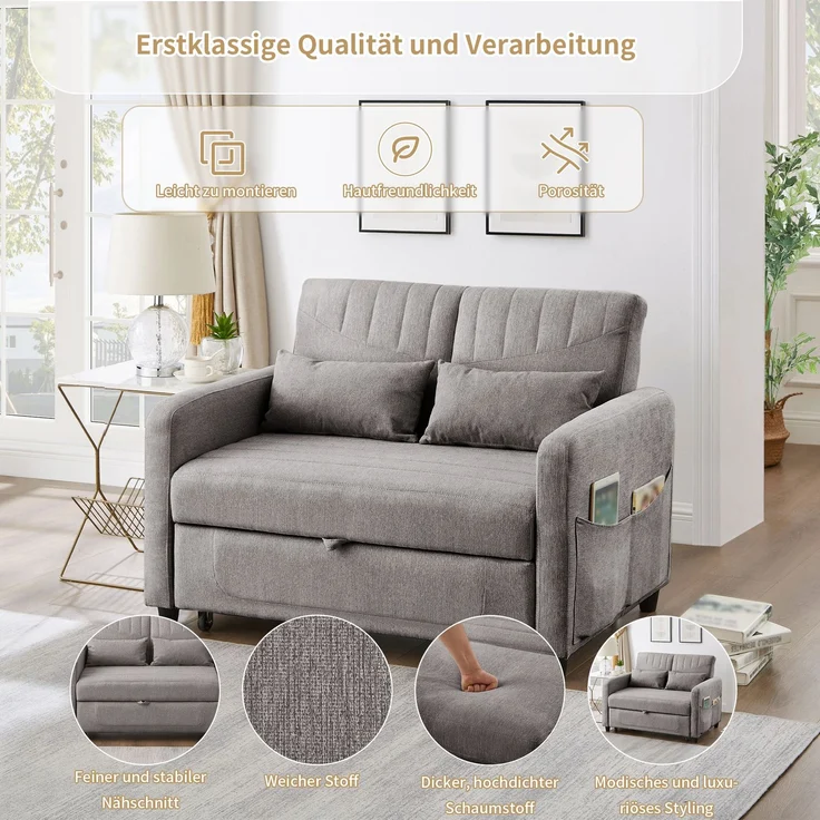 Sofabett 114x77x82,5 cm Grau, ausziehbar mit 3-fach verstellbarer Rückenlehne & Baumwoll-Leinen – Bild 7