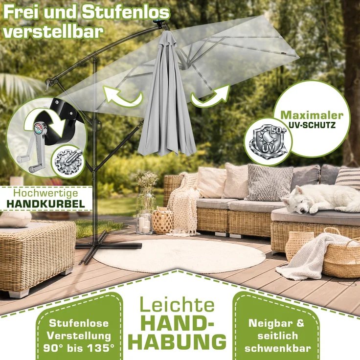 tillvex® Alu Sonnenschirm Rechteckig Ø 330 cm mit LED Solar Grau + Abdeckung mit Kurbel | Ampelschirm mit Ständer & Windschutz | Gartenschirm UV-Schutz, wasserdicht, 360° drehbar | Kurbelschirm Marktschirm – Bild 8