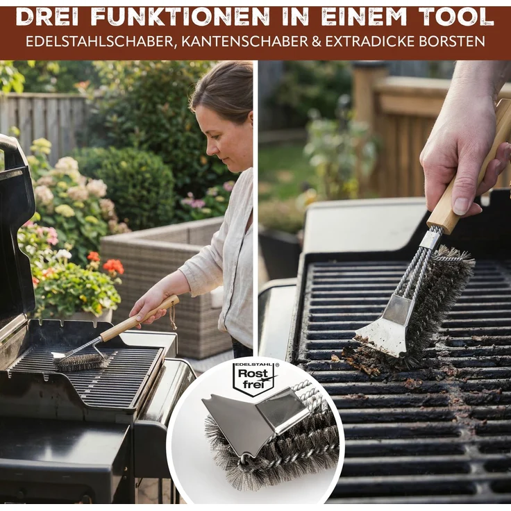 eluno Grillbürste, Edelstahl mit Bambusgriff, ca. 7 x 40 cm (B/H) – Bild 3