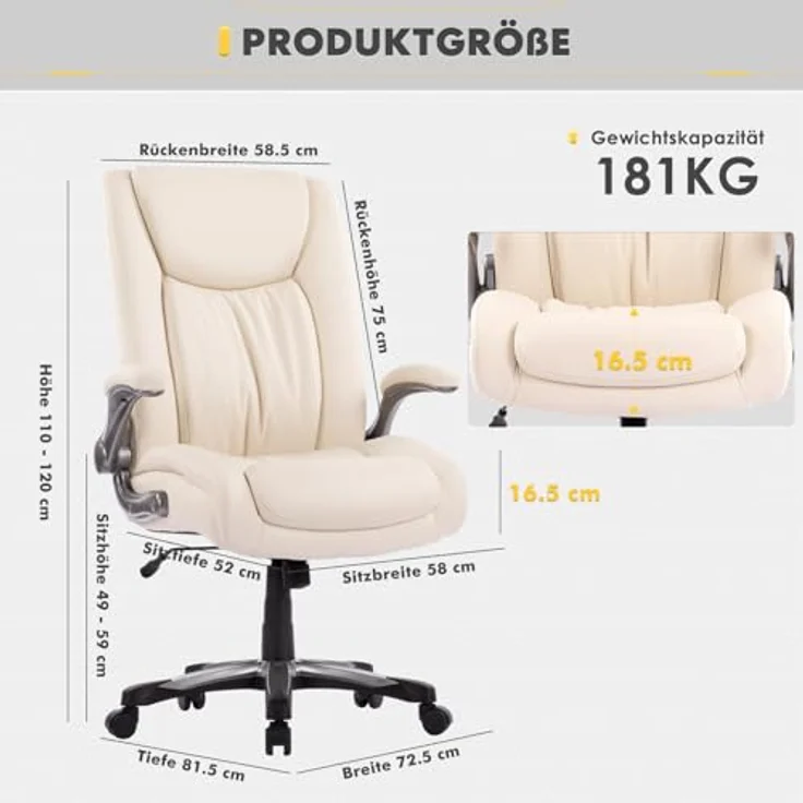 COLAMY Chefsessel Bürostuhl 181kg, Großer Bürostuhl Ergonomisch Leder, Ergonomischer Bürostuhl, Breiter Sitz, Klappbare Armlehnen, Höhenverstellbar Office Chair für das Homeoffice, Ivron – Bild 3