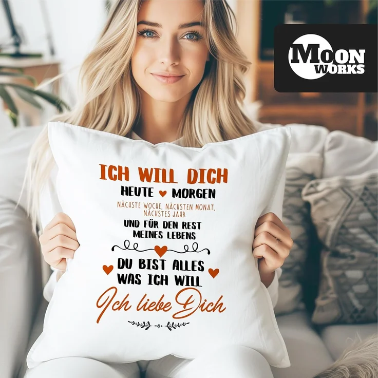MoonWorks Dekokissen Kissen-Bezug Ich will dich heute und morgen ich liebe dich Geschenk Valentinstag Liebe Spruch Kissen-Hülle Deko-Kissen Baumwolle MoonWorks® – Bild 2