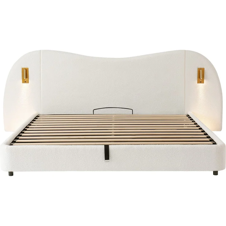 Polsterbett mit LED-Beleuchtung, extra breites Kopfteil mit Spots und USB Anschlüssen, 180x200 cm, gepolsterter Kopfteil, Doppelbett, Frottee – Bild 7
