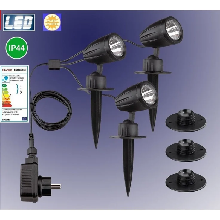 TRANGO LED Gartenstrahler, 3-flammig 3076-353 IP44 LED Gartenlampe *JOE* Außenleuchte, Strahler inkl. 3x LED Modul Leuchtmittel 3000K warmweiß & Zuleitungskabel, Teichlampe, Gartenleuchte, Wegbeleuchtung, Wandleuchte – Bild 4