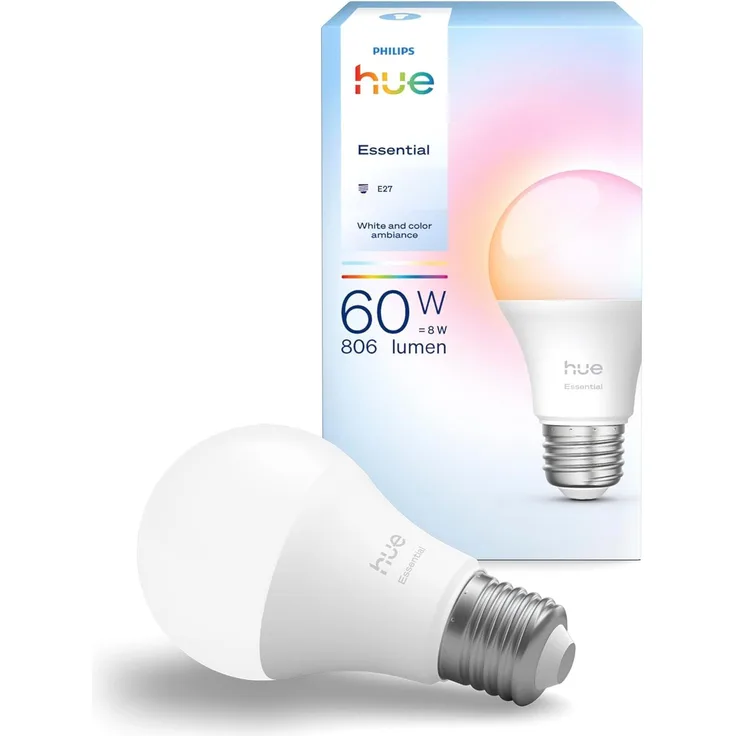 Philips Hue Essential Smart LED A60 Lampe, Weiß und Farbig, E27 Fassung, 8W, 2200K-6500K, 806 Lumen, dimmbar, funktioniert mit Alexa, Google Assistant, und Apple Home, 1er Pack