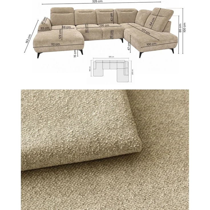 Wohnlandschaft Sofa U-Form ALETTE in Stoff Doha Hellbraun Lange Schenkel Rechts – Bild 6