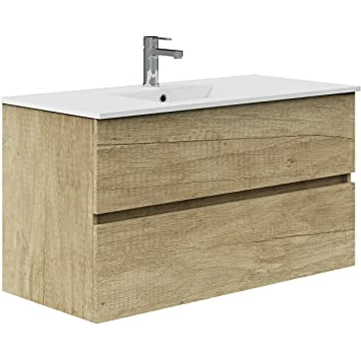 Baikal Badezimmerschrank, Zwei Schubladen, Wandmontage, mit Waschbecken, Melamin 16, montiert, Möbel 90 cm, Natur, ohne Spiegel – Bild 2