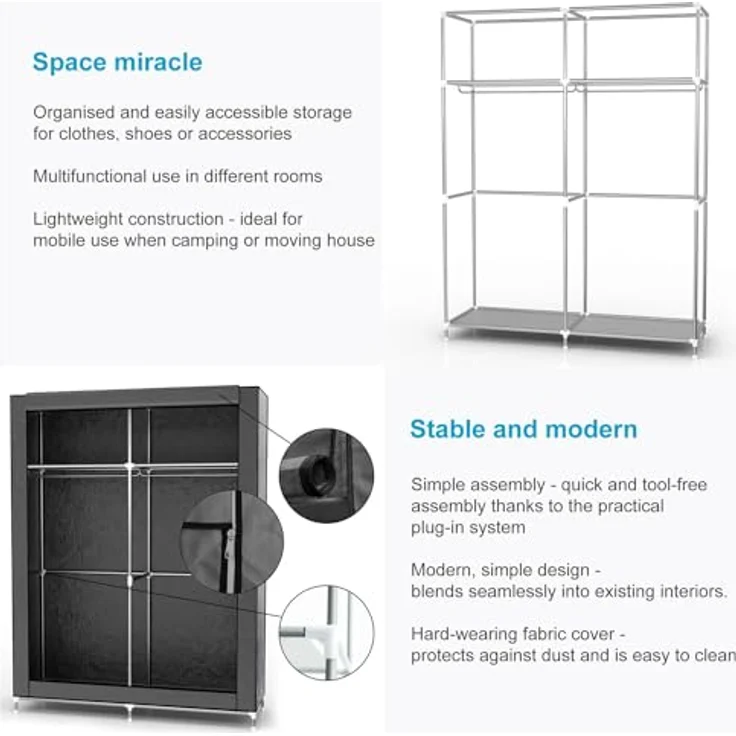 Intirilife Kleiderschrank (Stoffschrank, 1-St) Faltschrank 170x108x45 cm - Kleiderschrank Camping Kleiderstange – Bild 4
