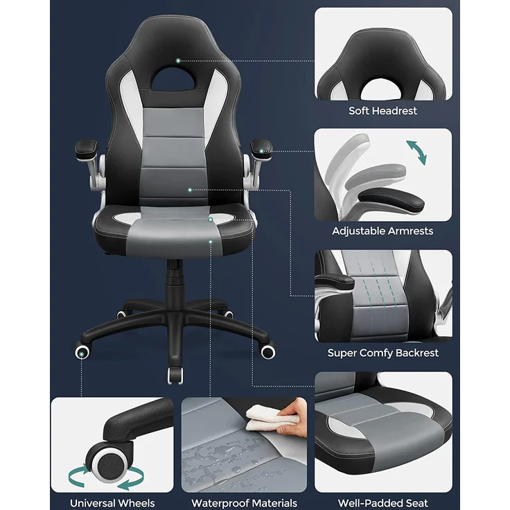 Songmics Gamingstuhl, Racing Chair, Schreibtischstuhl mit hoher Rückenlehne, Bürostuhl, höhenverstellbar, hochklappbare Armlehnen, Wippfunktion, für Gamer, schwarz-grau-weiß OBG28G – Bild 4