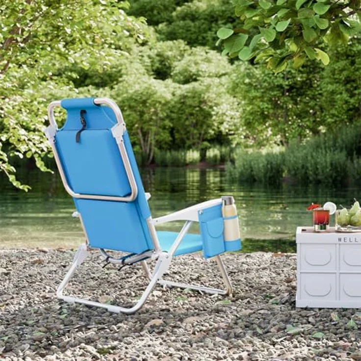 BAKAJI Strandstuhl, faltbar, zusammenklappbar, Gestell aus Aluminium, mit Tasche für alle Gegenstände, integrierte Kühltasche und Rucksackriemen (Blau), Polyester Baumwolle, Unica – Bild 2