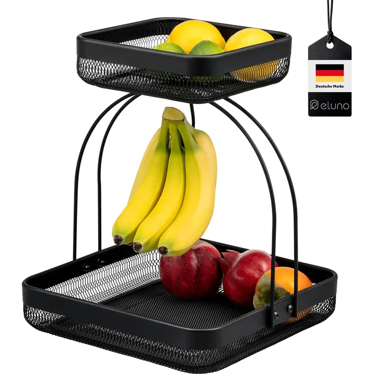 eluno Obstschale 2-stöckig mit Bananenhalter aus schwarzem Metall, Metall, (1-tlg)