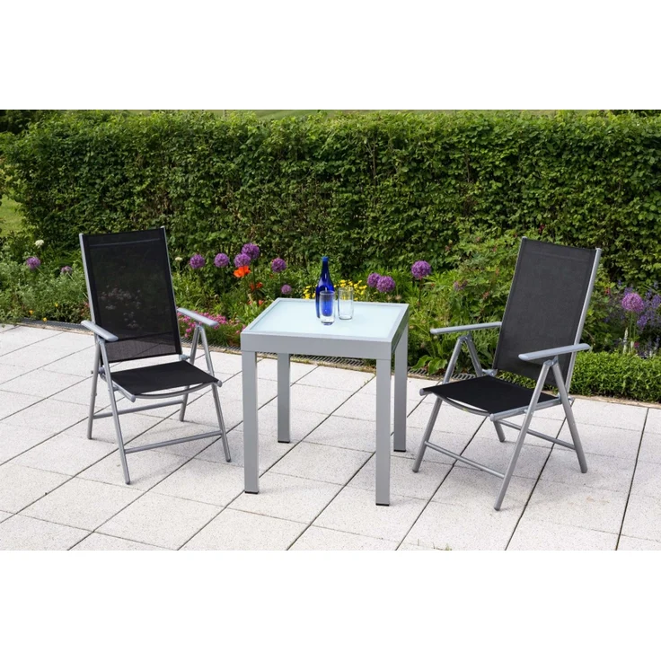 Amalfi Set 3tlg, 2 Klappsessel, Balkonausziehtisch 65 (130) x 65 cm matte Glasplatte, schwarz – Bild 2