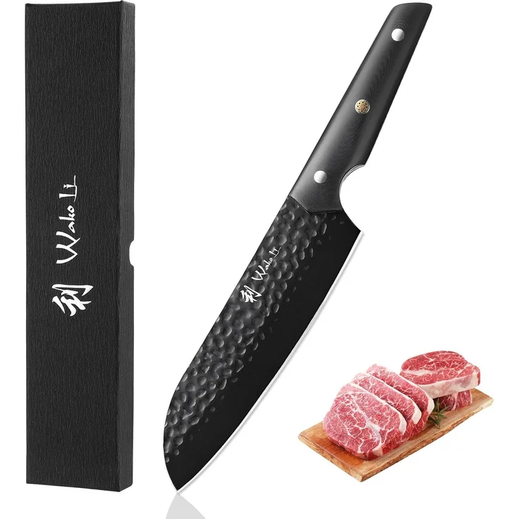 Wakoli Santokumesser Yugen Santoku Küchenmesser 18 cm Edelstahlklinge Titanium-Beschichtung, schwarze Titanium-Beschichtung