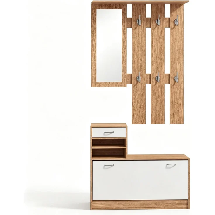 Flur Garderobenmöbel mit Kleiderhakenpaneel, Spiegel und Schuhbank, 6 Kleiderhaken und verstellbares Regalbrett--Walnuss, Weiß--90x10x91cm--YOUDENOVA – Bild 5