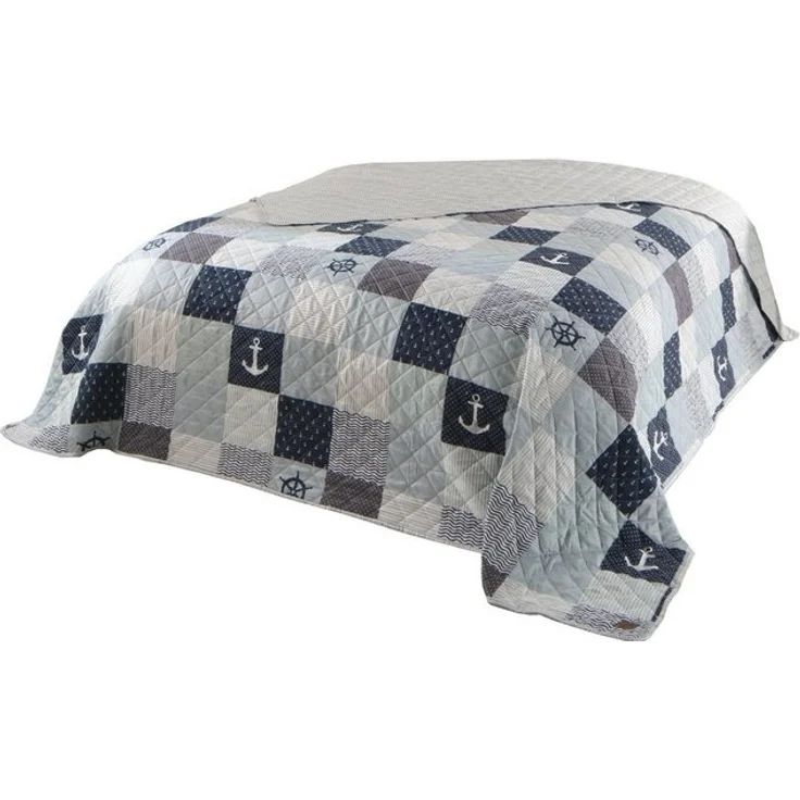 Delindo Lifestyle Bettüberwurf Patchwork maritim Anker blau, Patchwork – Bild 4