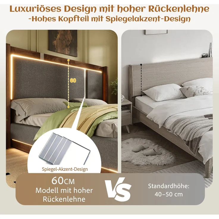 LVHOM Doppelbett 180 x 200cm, Polsterbett mit hydraulischem Stauraum, Boxspringbett mit LED und hohem Kopfteil, Linen, Beige – Bild 6