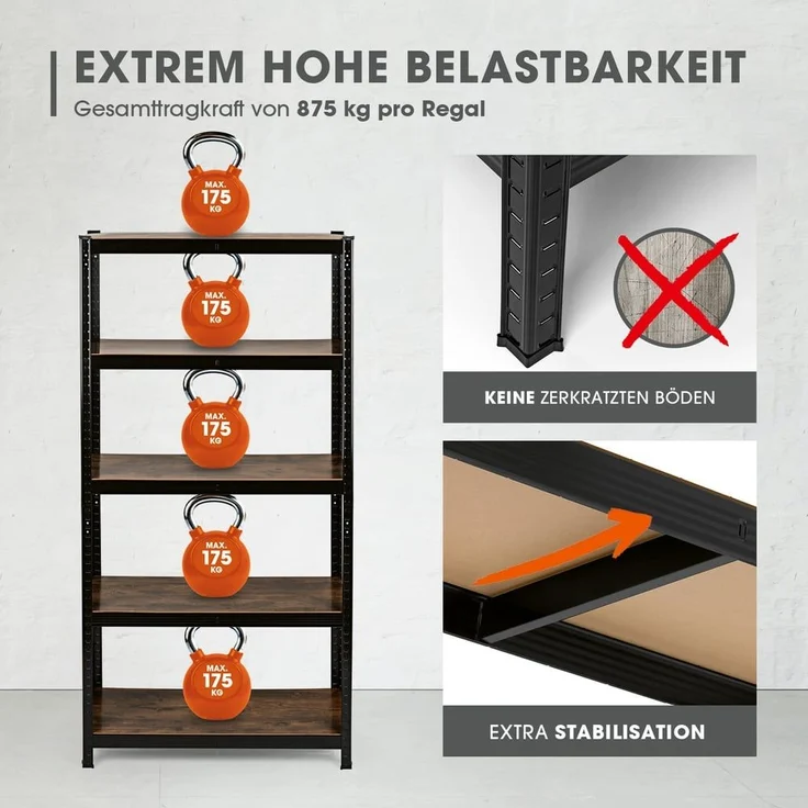 EASYmaxx Schwerlastregal 180 x 90 x 40 cm Holzoptik| 875 kg Traglast, 175 kg pro Ebene | Regal, Werkbank | Kellerregal, Lagerregal mit 5 verstellbaren Ablagen | Für Keller, Garage, Hobbyraum, Werkstatt – Bild 3