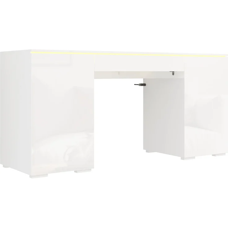 ZUBALIYA 140x50cm großer Schreibtisch in Hochglanz, mit LED-Beleuchtung, 1 Schublade und 2 Türen, moderner Computertisch mit extra großer Arbeitsfläche, Schminktisch mit Stauraum, in Weiß-Hochglanz – Bild 11