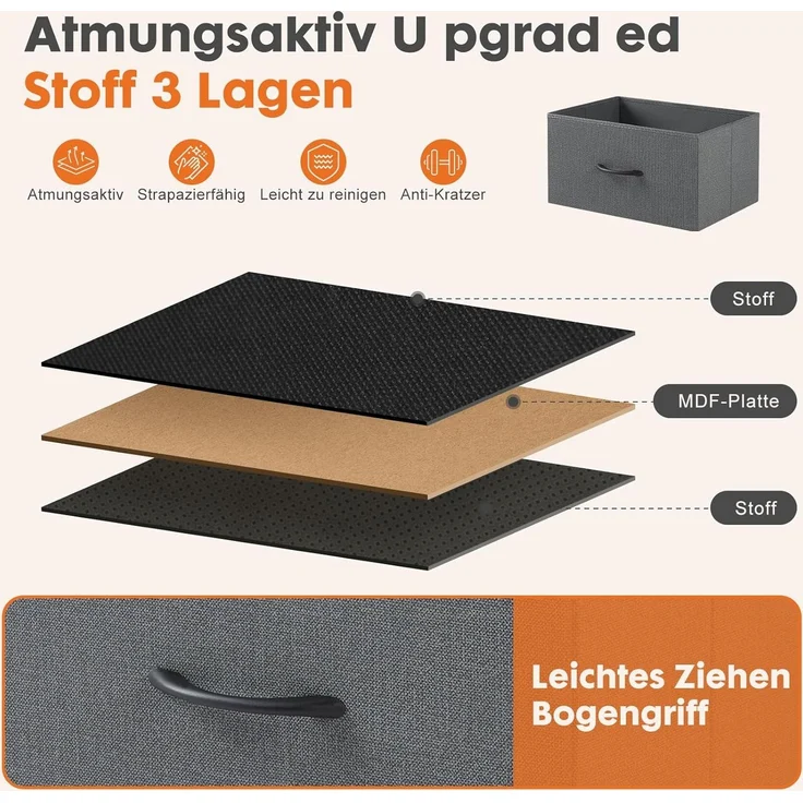 Sweetcrispy Kommode mit 4 Schubladen, Stoff Schubladenschrank, Schmal Schrank, Kommode Schlafzimmer, Industrial Stil für Wohnzimmer, Kinderzimmer, Flur Aufbewahrungsschrank, Hellgrau – Bild 6