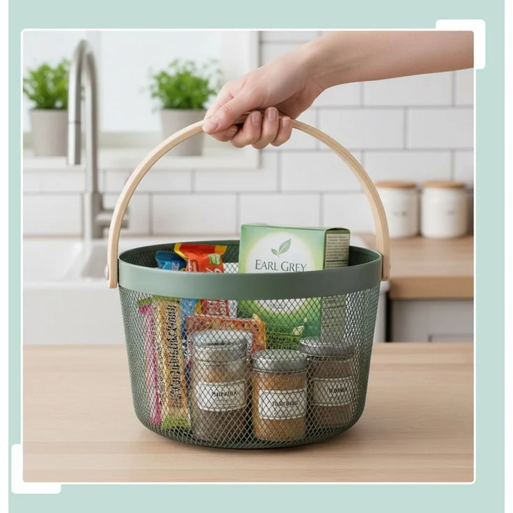 relaxdays Aufbewahrungskorb Runder Drahtkorb mit Henkel, Mint – Bild 2