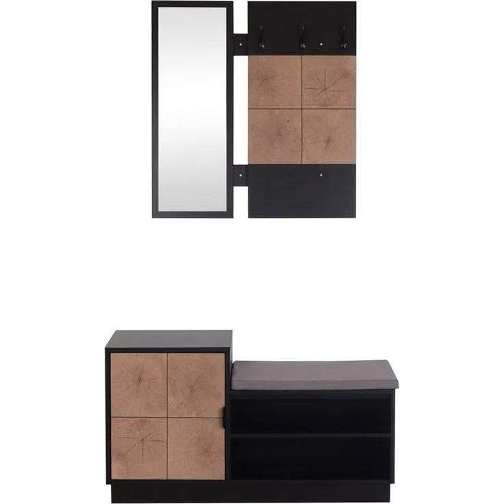 HTI-Living Garderobe Garderobenpaneel mit Spiegel und Schuhbank (Set, 2 St, 1 Garderobenpaneel mit Spiegel, 1 Schuhbank), Set Wandgarderobe und Schuhregal mit Sitzkissen