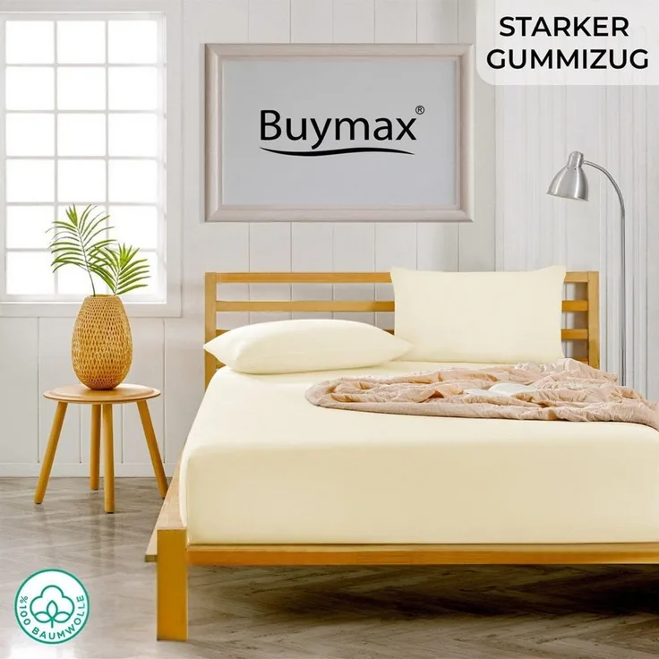 Buymax® Topper Spannbettlaken 160x200 cm Spannbetttuch 100% Baumwolle Jersey für Matratzentopper bis 12 cm Matratzenhöhe Bettlaken für Topper, Beige