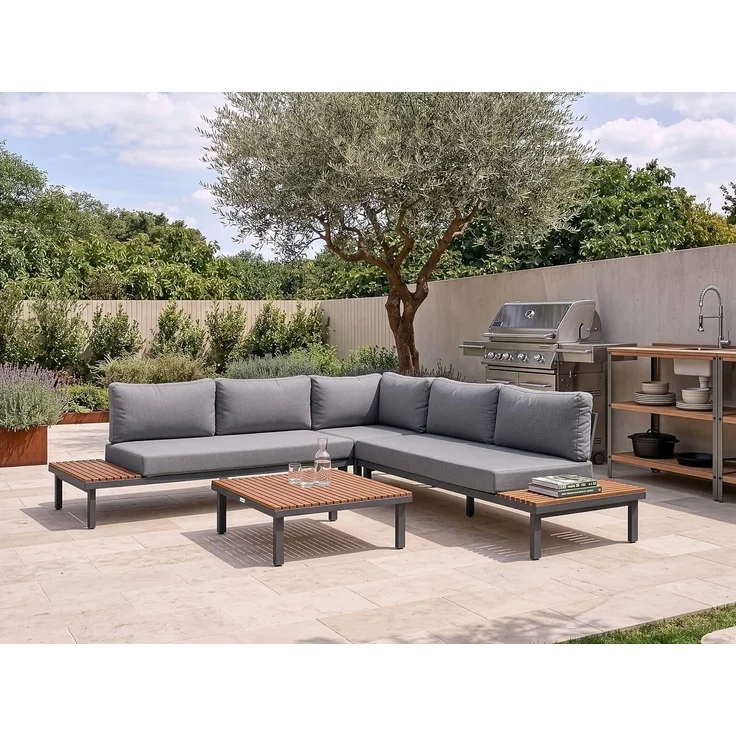 Garten Ecksofa mit Tisch 5-Sitzer FIVIZZANO Akazienholz Dunkelgrau – Bild 2