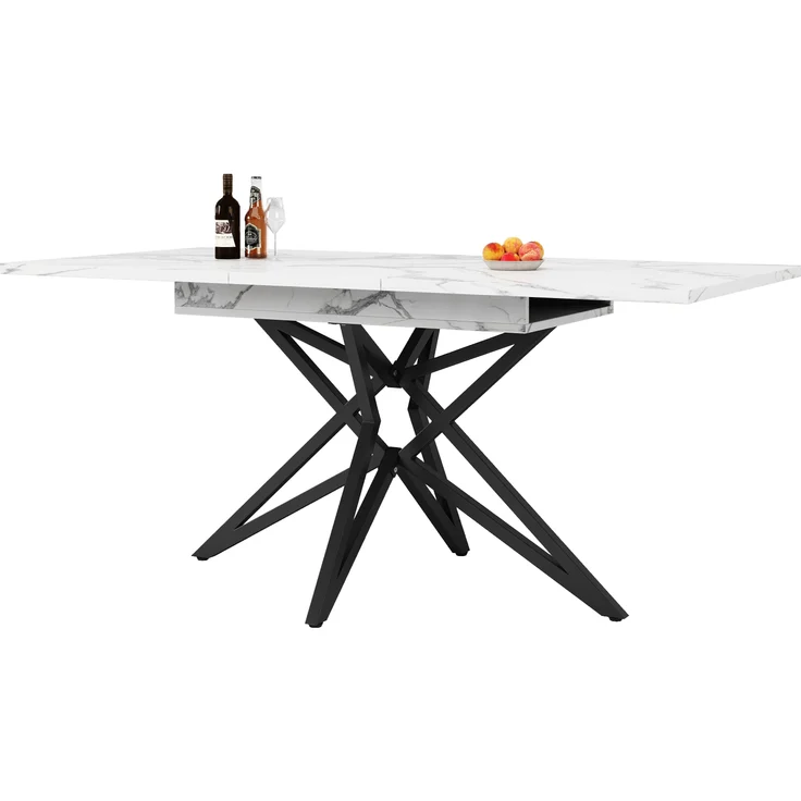 Ausziehbarer Esstisch, ausziehbarer Küchentisch, Frühstückstisch, sternförmige Tischbeine, Eisenbeine, Walnussholz/Marmorimitat, Schwarz, 120 (160) x 80 cm – Bild 8