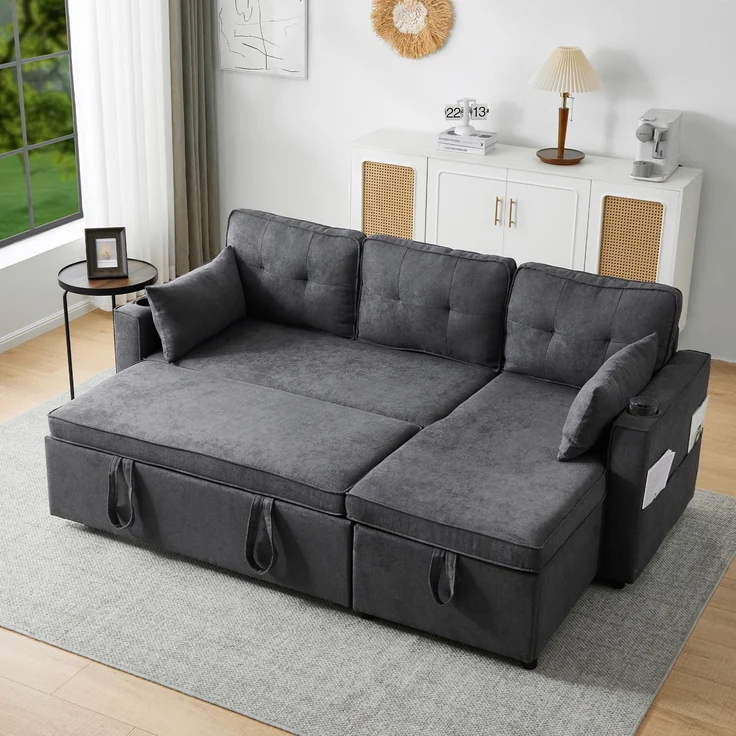 Wohnora-Schlafsofa mit Schlaffunktion, L-förmiges Sofa, modernes Design, Polstermöbel, Sofa, Loungesessel mit Stauraum, mit Getränkehalter, Wohnzimmer-Schlafsofa, links und rechts austauschbar,H 86cm x T 211cm x B 1295cm,Grau – Bild 3