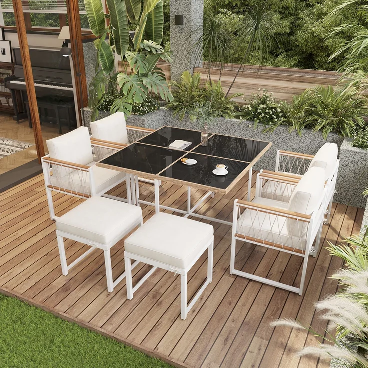 LVHOM 7-tlg. Garten-Essgruppe, Gartenmöbel Set mit Kissen, Gartenlounge-Set Akazie, Sitzgruppe Polyrattan, Loungeset Balkonset für 6 Personen – Bild 8