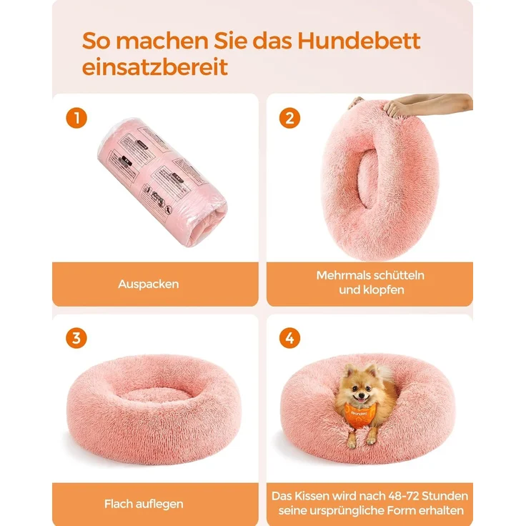 Feandrea Hundebett flauschig, Katzenbett, Donut Kissen, waschbar, Polsterung in der Mitte herausnehmbar, Langer Plüsch, 60 cm Durchmesser, rosa PGW038P01 – Bild 8