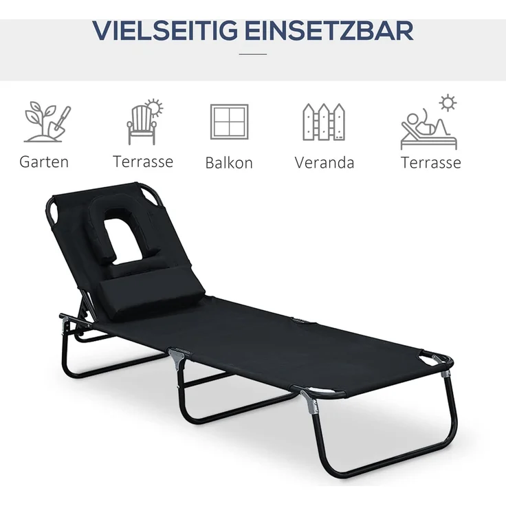 Outsunny Gartenliege Sonnenliege mit Lesefenster Gesichtsöffnung, Dreibeinliege, 1 St, Relaxliege, Schwarz L190 x B56 x H28 cm – Bild 5