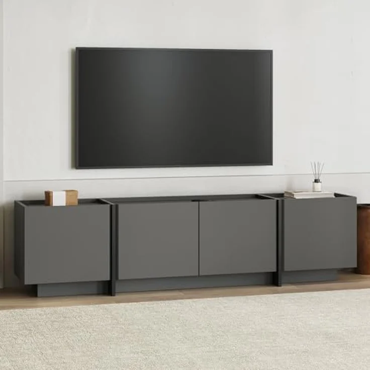 Modern TV Stand, Anthracite & Black, 180 x 46 x 35 cm | 100% Melamine Coated Particle Board, 18 mm Thick | Soft-Close Hinges, Stylish Design for Living Room & Entertainment Spaces – Bild 2