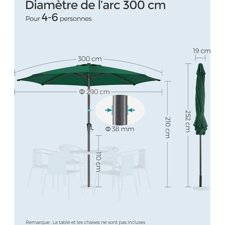 SONGMICS Sonnenschirm 300 cm, UPF 50+, Strandschirm, beidseitig um 30° knickbar, Sonnenschutz, mit Kurbel zum Öffnen/Schließen, für Terrasse, Balkon, Pool, ohne Ständer, grün GPU30GN – Bild 7