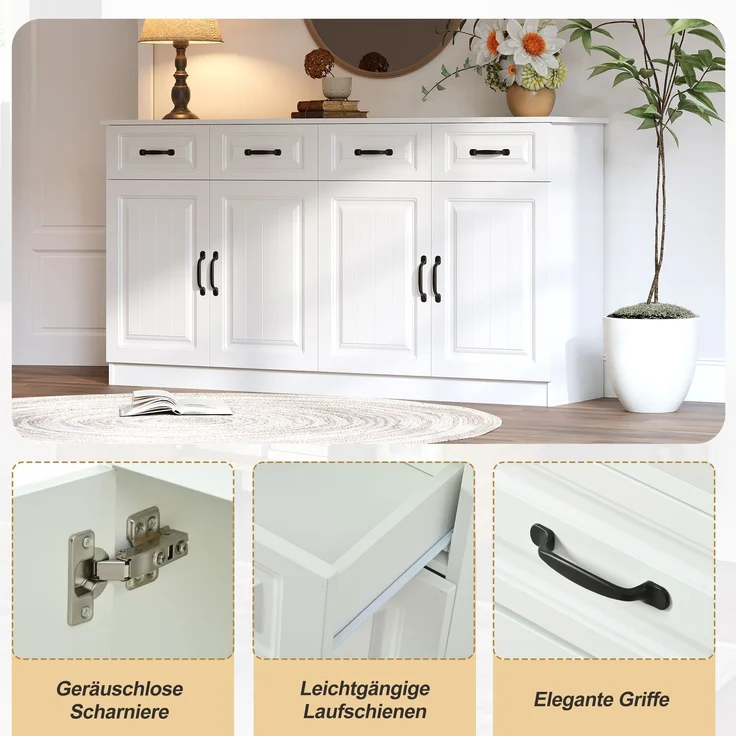 Merax 160cm Weißes Sideboard, Kommode aus MDF mit 4 Schubladen und 4 Türen, 2 Ablageflächen, geriffeltem Design und 8 Metallgriffen – Bild 5