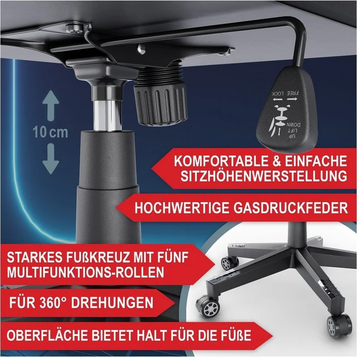 Onbest Gaming-Stuhl ergonomisch mit Lordosenkissen bis 150kg, 360°, verstellbare Armlehnen Kopfstütze Rückenlehne – Bild 3