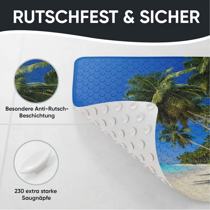 Sanilo Duschmatte, mit Motiv, rutschfest, waschbar, quadratisch, 230 extra starke Saugnäpfe, Kunststoff PVC, 53 x 53 cm, Karibik – Bild 4