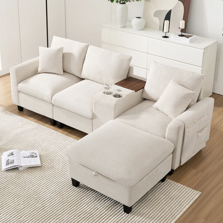 Ecksofa L-Form, umwandelbares Sofa mit Konsole Becherhaltern USB Ladeanschlüssen Armlehnen-Aufbewahrungstasche und Kissen für kleine Räume, Cordstoff, , – Bild 3