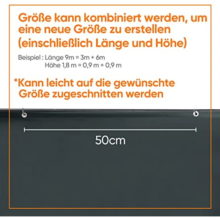 Sekey Balkon Sichtschutz Balkonabdeckung 90x400cm - Reißfeste Ösen mit Kunststoffeinlage, Oxford-Stoff Balkonverkleidung mit Kabelbindern, Blickdicht, Wasserdicht & Windschutz, Anthrazit – Bild 7