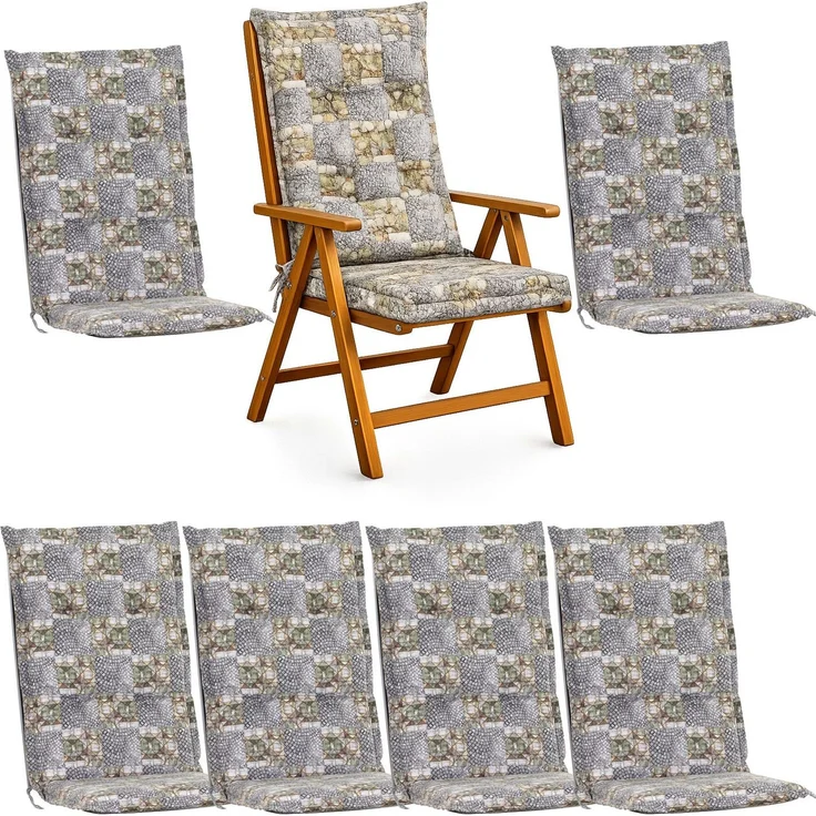 6x Auflage Hochlehner für Gartenstuhl 120x48cm Sesselauflage Hochlehner Polster in Grau Mosaik Muster mit dicker 7cm Schaumstoff Füllung – Bild 1