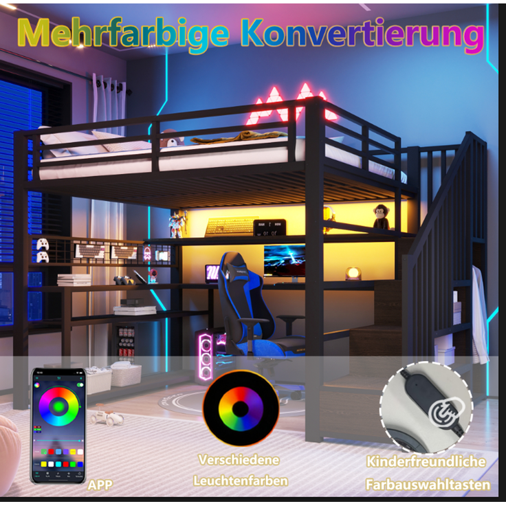 CHICFURN Hochbett aus Metall und MDF Schwarz 90x200 cm mit LED-Beleuchtung und Stauraum – Bild 5