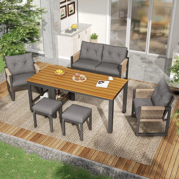 Modernes Outdoor-Sofa-Set , Freizeit- und Besprechungsset für mehrere Personen , Eisengestell , Geflochtene Armlehnen , Inklusive Sitzkissen , Multifunktionaler Tisch
