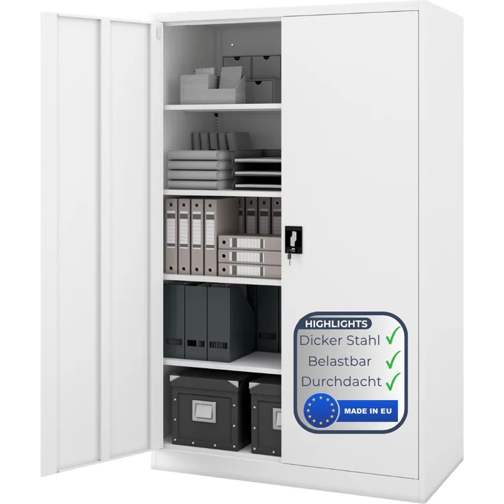 Aktenschrank abschließbar KADO - 5 Ebenen verstellbar, Flügeltüren | Metallschrank Werkstatt Mehrzweckschrank Büroschrank aus Stahl Werkzeugschrank, 185 x 115 x 60 cm Weiß – Bild 1