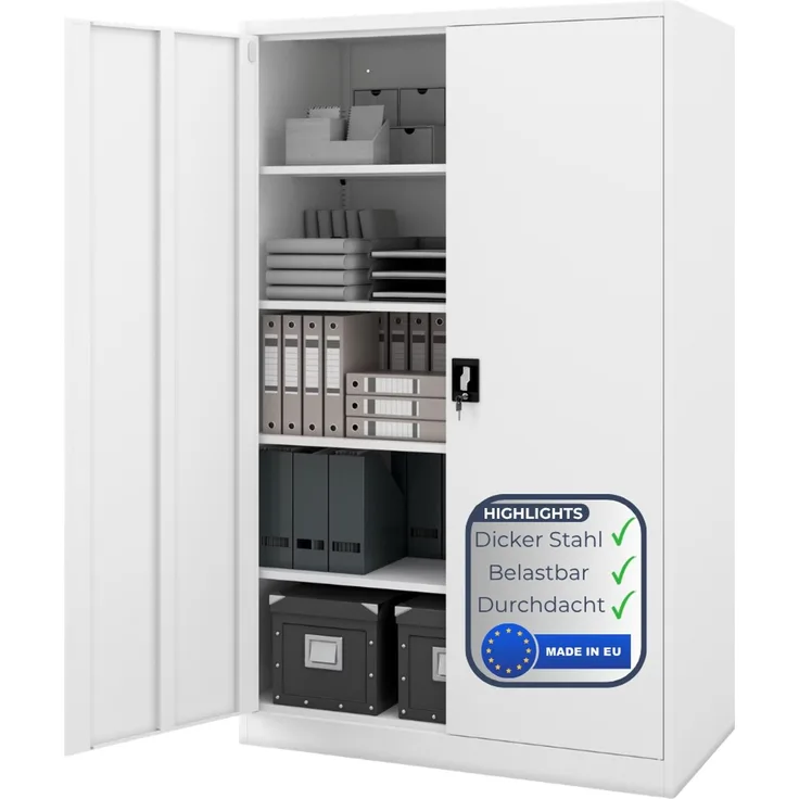 Aktenschrank abschließbar KADO - 5 Ebenen verstellbar, Flügeltüren | Metallschrank Werkstatt Mehrzweckschrank Büroschrank aus Stahl Werkzeugschrank, 185 x 115 x 60 cm Weiß