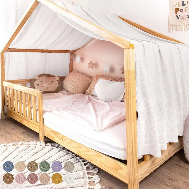 lilimaus Betthimmel Musselin Hausbett Himmel Kinderzimmer Baumwolle mit Gold 2er Set, Gemütlicher Baldachin aus Baumwolle für traumhafte Kinderzimmer-Deko – Bild 1
