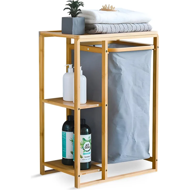 Avilia Badezimmerschrank aus Bambus mit Wäschekorb aus Stoff und 2 Einlegeböden – 50 x 30 x 70 cm – Fassungsvermögen des Korbs 15 kg, Ablagen 6 kg – Korb für schmutzige Tücher, geeignet für Bad und – Bild 1