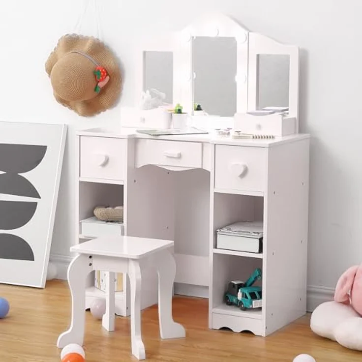 GarveeLife Schminktisch für Kinder, Schminktisch mit Hocker, 3 LED-Spiegel und 5 Schubladen, Schminktisch aus Holz für kleine Mädchen 3 bis 6 Jahre – 70 x 34 x 100 cm, Weiß – Bild 4