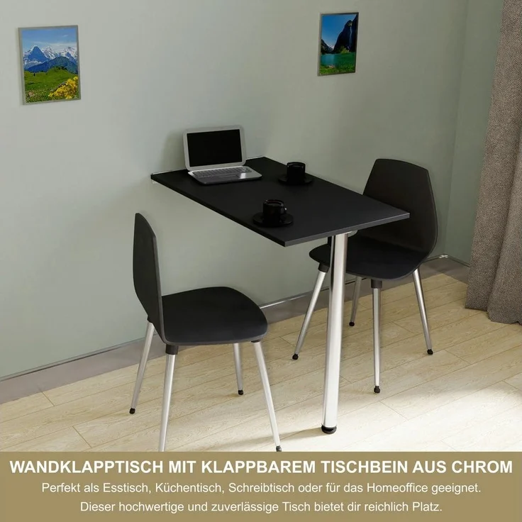 KDR Produktgestaltung Klapptisch 80x50 Wandklapptisch Esstisch Küchentisch Schreibtisch Wand Tisch, Schwarz – Bild 1