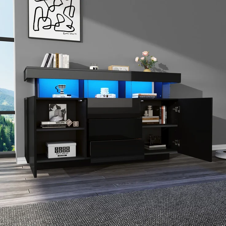 ZUBALIYA Sideboard 140x35x80 cm, mit LED-Beleuchtung, Hochglanz, aus Spanplatte, Schwarz – Bild 6