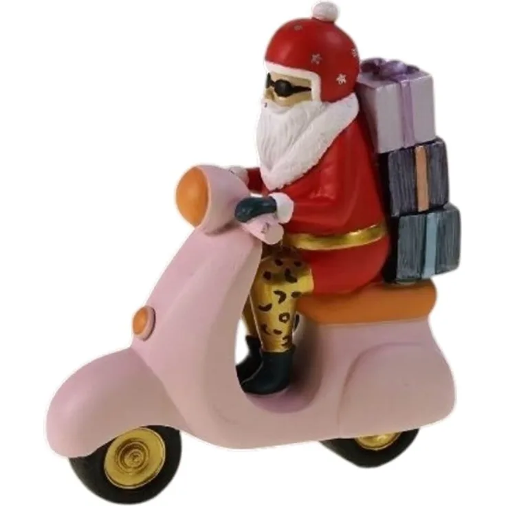 Santa auf Motorroller pink Weihnachtsfigur Polyresin Indoor Deko Geschenk