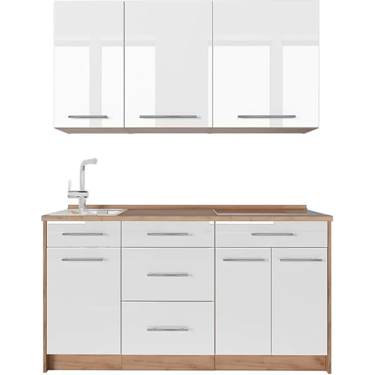 Singleküche Fame-Line Weiß Hochglanz/Goldkraft Eiche 150 cm, AP Eiche Vicco – Bild 1